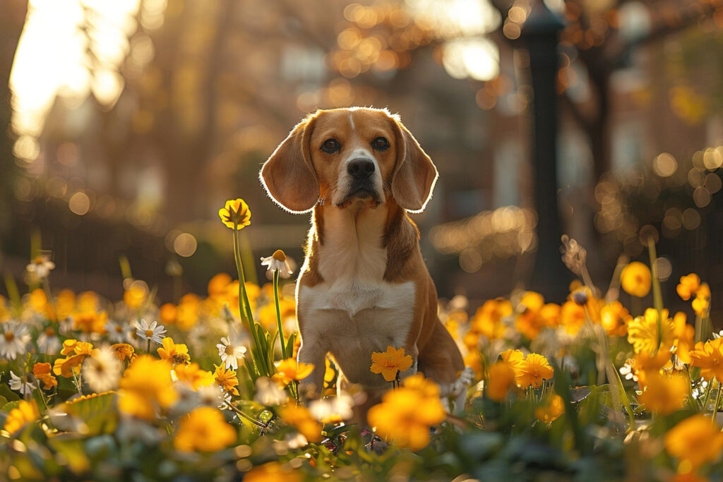Beagle em meio a um campo de flores amarelas